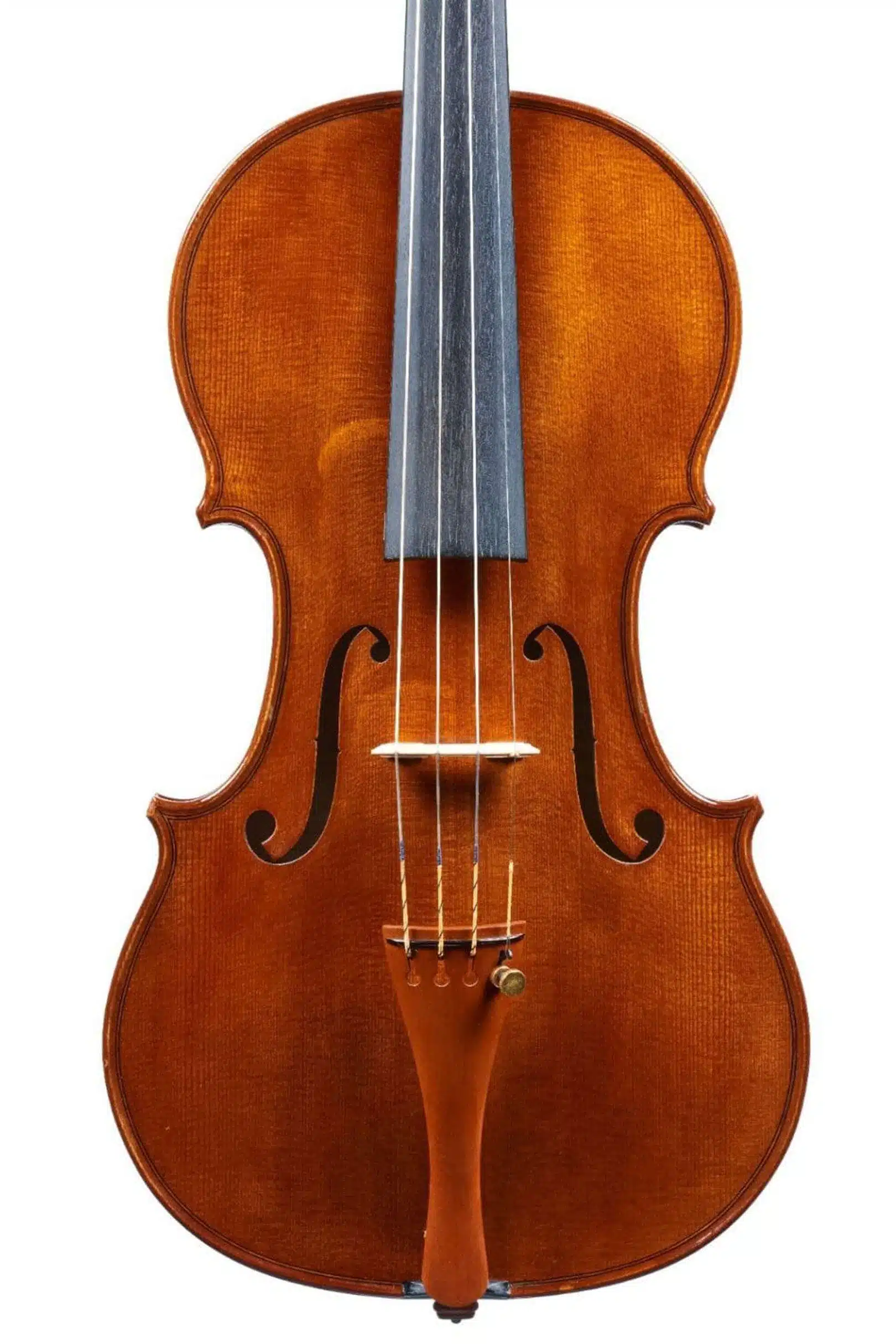 Frontal image of a violin inspired by the legendary Antonio Stradivari, showing its iconic shape.