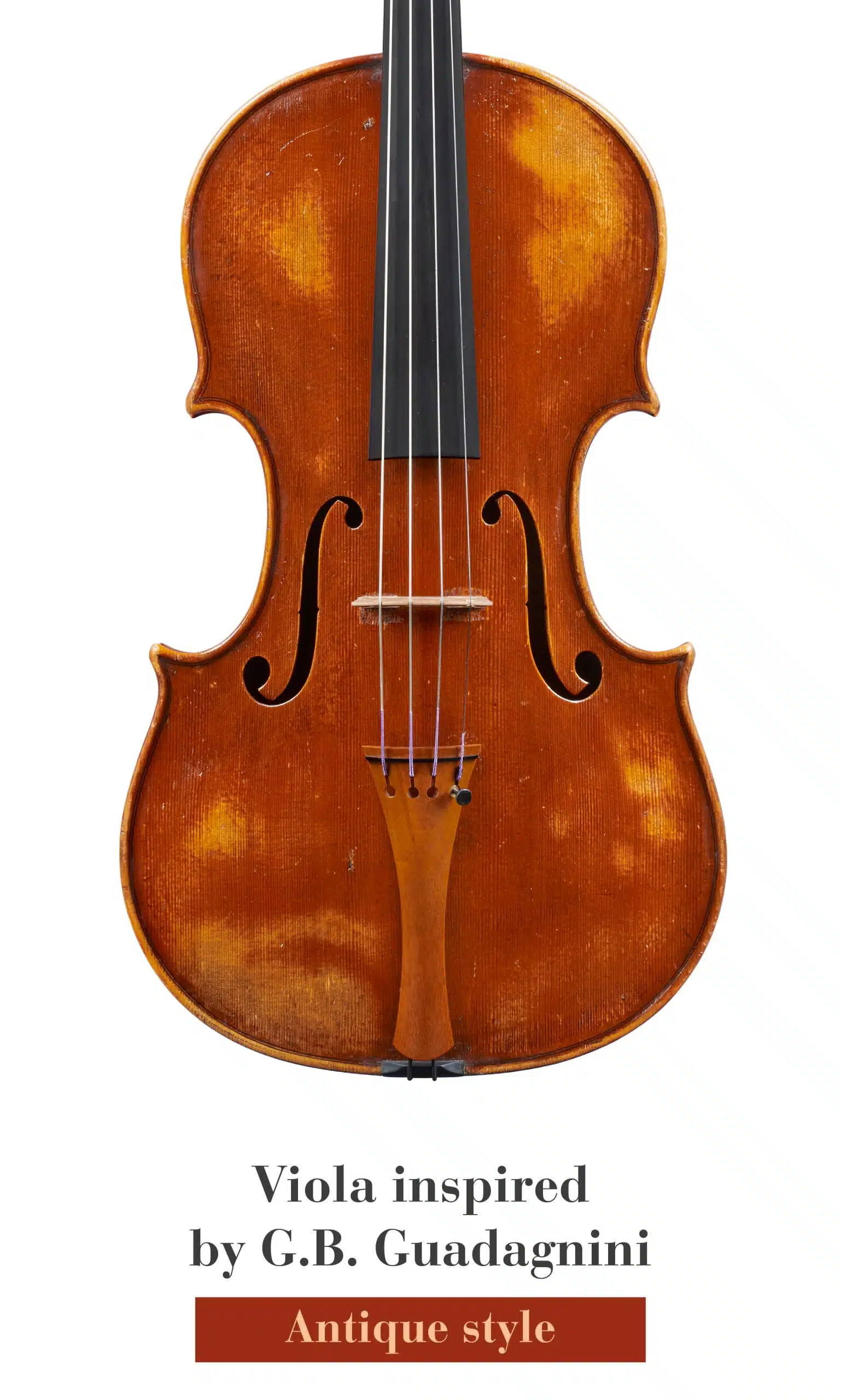 Frontal image of an antique-style viola inspired by G.B. Guadagnini, featuring a vintage look.